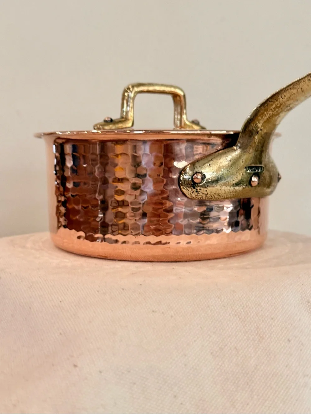 Vintage Copper Hammered Saucepan with lid and Brass Handle stainless steel lined